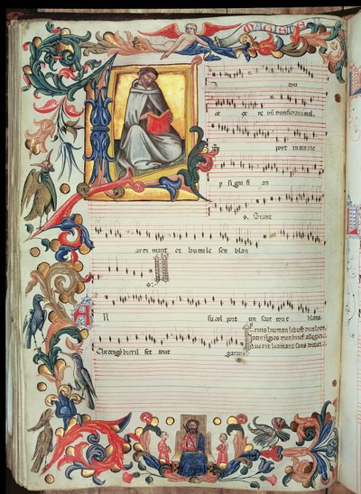 Pagina di notazione musicale con iniziale istoriata, dal Codice Squarcialupi, prodotto nel monastero fiorentino di S. Maria degli Angeli da Italian School