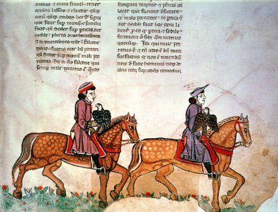 Federico II: Due cavalieri con falchi, da De Arte Venandi cum Avibus da Italian School