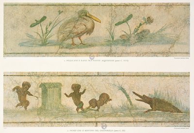 Pellicani, piante acquatiche e pigmei in fuga davanti a un coccodrillo, dai freschi originali, da Images du Colombaire de la Villa Pamphilj di G. Bendinelli, 1941 da Italian School