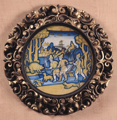Piatto decorato con una scena di caccia, Officina di Deruta, c.1540-45 (maiolica) da Italian School