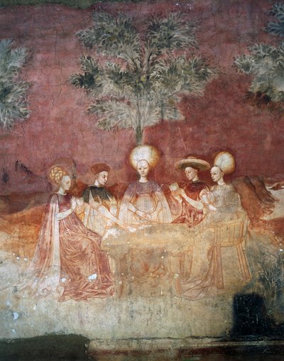 Giocare con le carte dei tarocchi, scena dal ciclo dei Giochi, ca 1445-1450, affresco, Palazzo Borromeo, Milano, Lombardia, Italia da Italian School