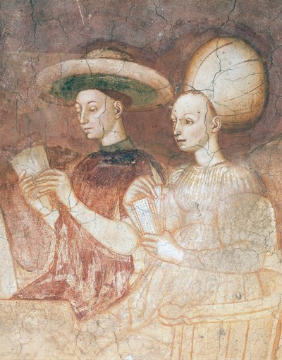 Giocare con le carte dei tarocchi, scena dal ciclo dei Giochi, ca 1445-1450, affresco, Palazzo Borromeo, Milano, Lombardia (dettaglio) da Italian School