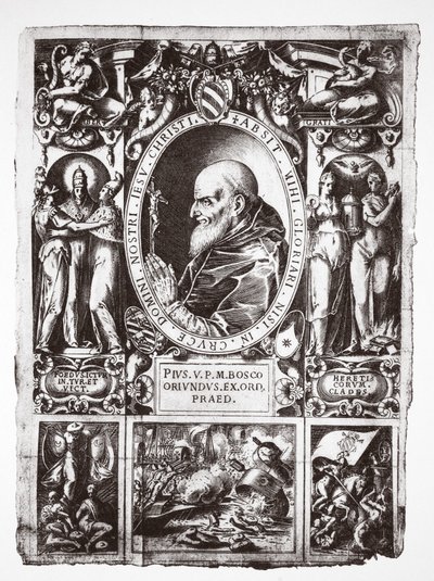 Papa Pio V, con vignette della Battaglia di Lepanto, da Vita del Gloriosissimo Papa Pio Quinto, pub. 1586 da Italian School