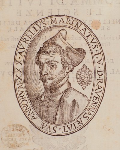 Ritratto di Aurelio Marinati. Pagina da Somma di tutte le scienze da Italian School