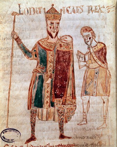 Ritratto di Luigi I il Pio (778-840), Re di Francia Pagina del manoscritto (ms. 4) "Codex Legum Longobardorum" (o Langobardorum) che descrive le leggi del regno longobardo stabilite dal Re Rotari da Italian School