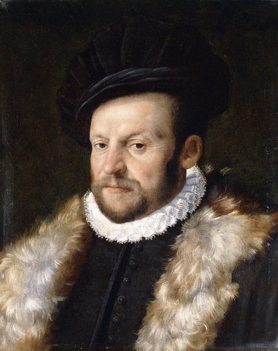 Ritratto di un gentiluomo barbuto, busto, con giacca nera e colletto bianco da Italian School