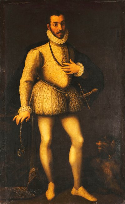 Ritratto di un gentiluomo, figura intera, con giubba bianca ricamata, mantello e spada, c.1580 da Italian School