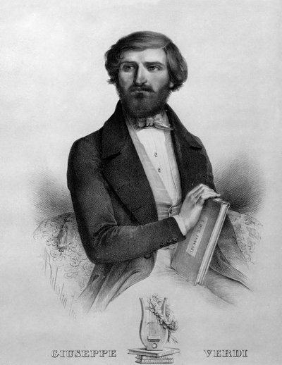 Ritratto del compositore italiano Giuseppe Verdi (1813-1901) nel 1844 con la partitura dell