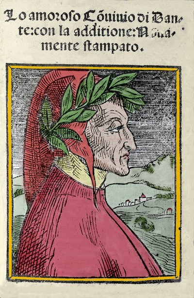 Ritratto del poeta italiano Dante Alighieri (1265-1321). Incisione. Frontespizio di “Il convivio” del 1554 da Italian School