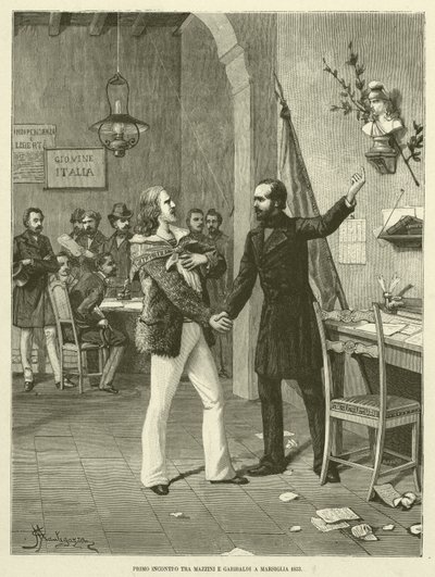 Primo incontro tra Mazzini e Garibaldi a Marsiglia 1833 (incisione) da Italian School