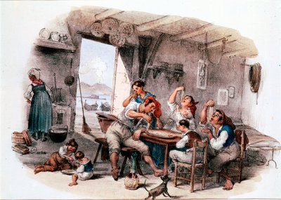 Probabilmente famiglia napoletana che mangia maccheroni con le mani. Incisione anonima del XIX secolo. Roma, Museo Nazionale delle Paste Alimentari, Fondazione Agnesi da Italian School
