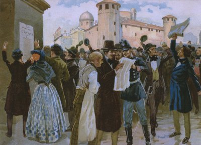 Proclamazione dei risultati del plebiscito del 4 marzo 1848 davanti al Palazzo Reale di Torino, illustrazione da un album sulla storia del Risorgimento realizzato per il cioccolato Talmone, fine XIX secolo da Italian School