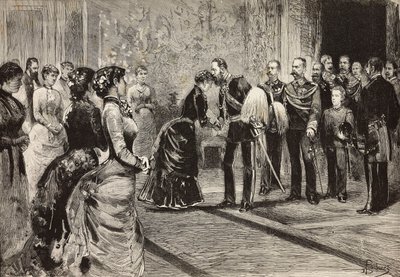 La regina Margherita e Umberto I ricevono il principe ereditario di Germania (futuro Federico III) al Quirinale, Roma, Italia, incisione da disegno di Dante Paolocci, da L