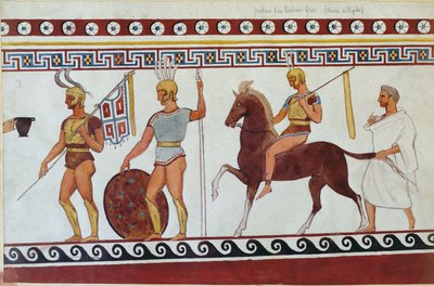 Ricostruzione della pittura tombale di Paestum che raffigura soldati di fanteria e cavalleria greci da Italian School