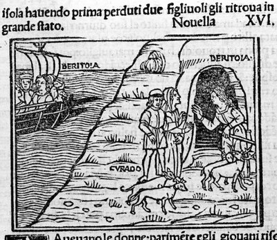 Reet de Beritola. Illustrazione per la novella 16 (novella 6 del secondo giorno) del "Decameron" di Giovanni Boccaccio. Incisione in "Decamerone ouer Cento novelle" Venezia, Bartolomeo de