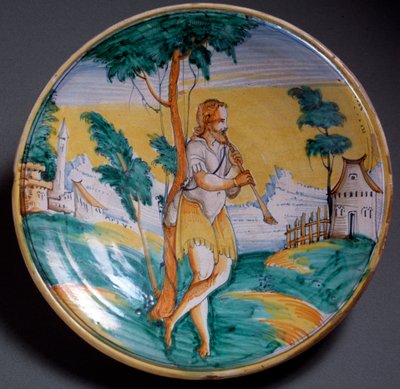 Arte rinascimentale: piatto decorato con un suonatore di flauto - Fine XVI secolo, produzione di Viterbo, Italia. Firenze, Museo Nazionale del Bargello da Italian School