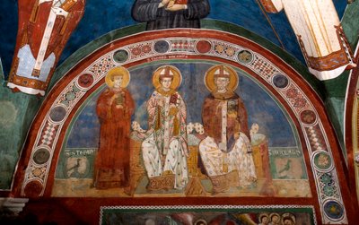 Rappresentazione di Santo Stefano, martire cristiano, San Tommaso Becket (1118-1170), arcivescovo di Canterbury e San Nicola di Myra o Bari (270-345). Affresco anonimo (XIII secolo). Chiesa inferiore. Monastero di San Benedetto (Sacro Speco), Subiaco (Roma da Italian School