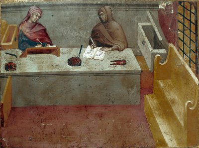 Rappresentazione di un camerlingo, assistente di un copista Dipinto anonimo su legno di una Biccherna (copertina del registro contabile della città di Siena) 1388. Siena Archivio di Stato, Italia da Italian School
