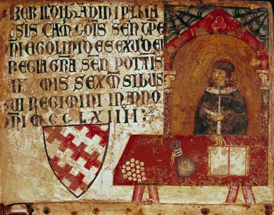 Rappresentazione di un camerlengo seduto al suo ufficio Dipinto anonimo su legno di una Biccherna (copertina del registro contabile della città di Siena) 1250. Siena Archivio di Stato, Italia da Italian School