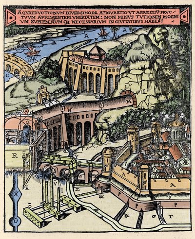 Rappresentazione di un acquedotto. Incisione colorata da "De Architectura" di Vitruvio - Edizione di Gottardo da Ponte, Como da Italian School
