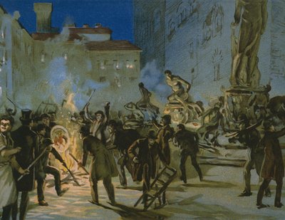 Rivoluzione a Firenze, 27 aprile 1859, illustrazione da un album sulla storia del Risorgimento realizzato per il cioccolato Talmone, fine XIX secolo da Italian School