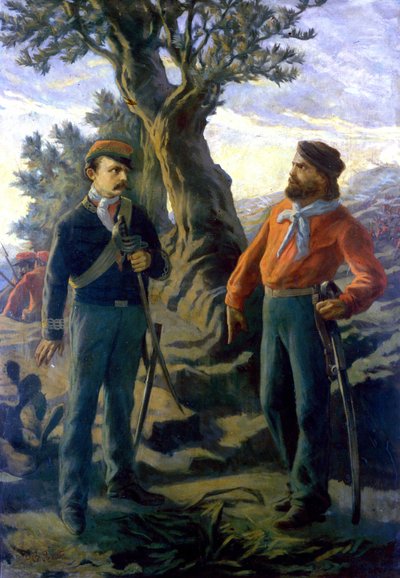 Risorgimento: Gerolamo Bixio detto Nino Bixio e Giuseppe Garibaldi alla Battaglia di Calatafimi in Sicilia il 15/05/1860. Garibaldi proclama a Bixio che suggerisce di ritirarsi: "Che dici Bixio? Qui si fa l