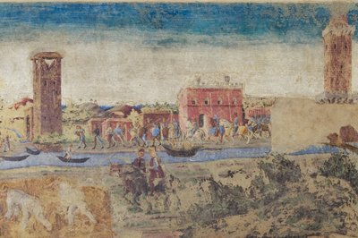 Fiume, torri e vita campestre (dettaglio), Sala dei Mesi, Sezione inferiore: Scene di vita della corte di Borso d