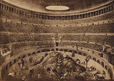 Roma / Rome: Interno del Colosseo, La Caccia alle Fiere, ricostruzione storica (litho) da Italian School