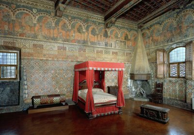 Stanza della Castellana di Vergi con pareti affrescate e fregio che raffigura un romanzo medievale francese da Italian School