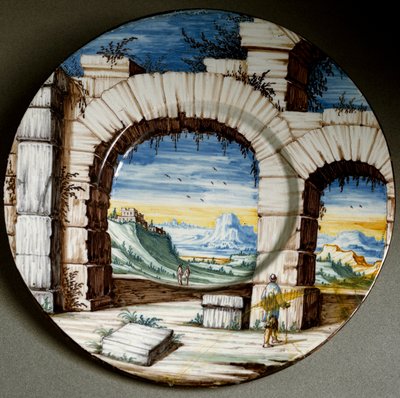 Rovine e paesaggio (piatto in ceramica, Angarano, ca. 1650) da Italian School