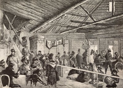Soldati russi in una taverna vicino alle fortificazioni di Varsavia, Polonia, incisione da schizzo di Fritzmann, da L