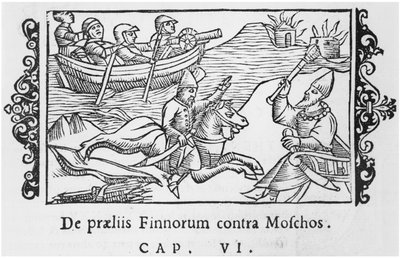 Russi e finlandesi che combattono, illustrazione da Historia de Gentibus Septentrionalibus di Olaus Magnus (1490-1558), pubblicato a Roma, 1555 da Italian School