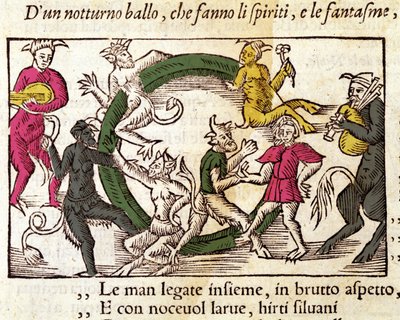 Cerimonia del sabato con streghe. Incisione di Olaus Magnus (1490 - 1557), religioso e geografo svedese, “Historia de Gentis Septentrionalibus”, Venezia da Italian School