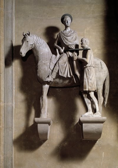 San Martino a cavallo che condivide il suo mantello con un mendicante. Scultura da Italian School