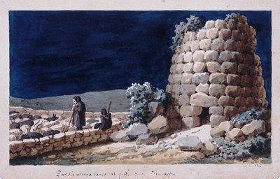 Pastori sardi vicino a un nuraghe, stampa ms. 257, Collezione Cominotti, c.1825 da Italian School