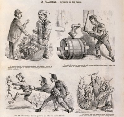 Cartone satirico dedicato alla crisi della viticoltura causata dalla fillossera, illustrazione dal giornale satirico Spirito Folletto, 18 settembre da Italian School