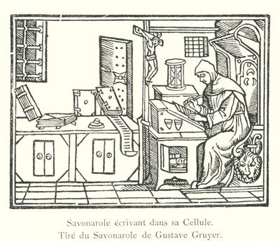 Savonarola scrivendo nella sua Cella, Tratto dal Savonarola di Gustave Gruyer (incisione) da Italian School
