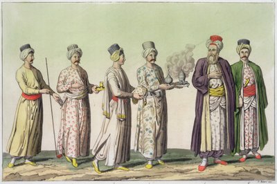 Servitori che portano una pipa, un vaso di dolci, caffè, un braciere e una brocca di acqua di rose, tavola 57 da Parte III, Volume I di 