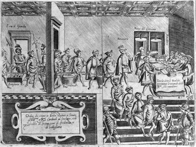 Servizio dei cardinali durante un conclave. Incisione da "Opera", libro di gastronomia diviso in 6 parti, di Bartolomeo Scappi, cuoco personale di Papa Pio V. Venezia da Italian School