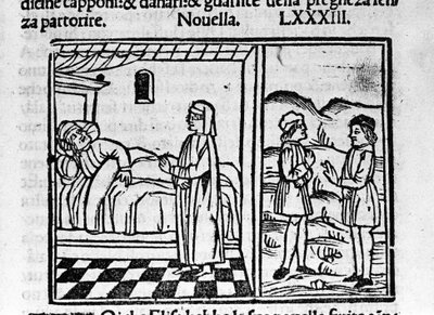 Simone fa credere a Calandrino di portare un bambino nello stomaco. Illustrazione per la novella 83 (Nuova 3 del nono giorno) del "Decameron" di Giovanni Boccaccio (1313-1375), scrittore italiano. Incisione in "Decamerone ouer Cento novelle" da Italian School