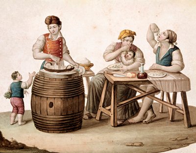 Piccolo mestiere napoletano: un venditore di maccheroni, accanto a lui una famiglia a tavola che mangia con le mani da Italian School