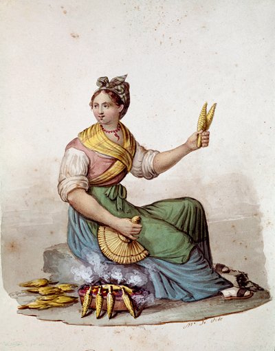 Vecchi mestieri napoletani: la venditrice di mais grigliato (acquerello del XIX secolo) da Italian School