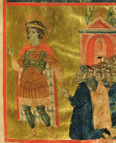 Alcuni fratelli che pregano San Teodoro, da una Mariegola, 1350 da Italian School