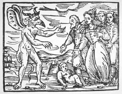 Stregoni che presentano un bambino al Diavolo, da Compendium Maleticarum di Fr M Guaccius (1608) illustrato in una storia della magia pubblicata alla fine del XIX secolo da Italian School