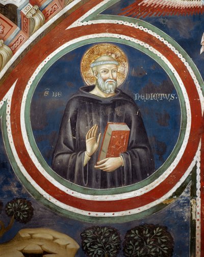 San Benedetto, affresco del Secondo Collaboratore di Consolo o Magister Consolus, chiesa inferiore del Monastero della Sacra Grotta, Subiaco, Italia da Italian School
