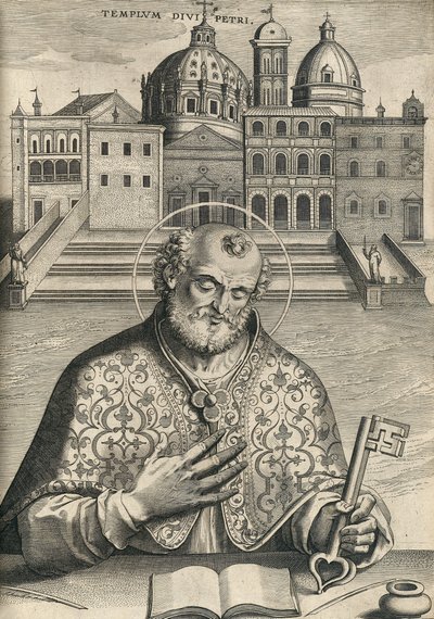 San Pietro davanti alla Basilica di San Pietro da Septem Urbis Ecclesiae Primariae, pub. 1599 da Italian School
