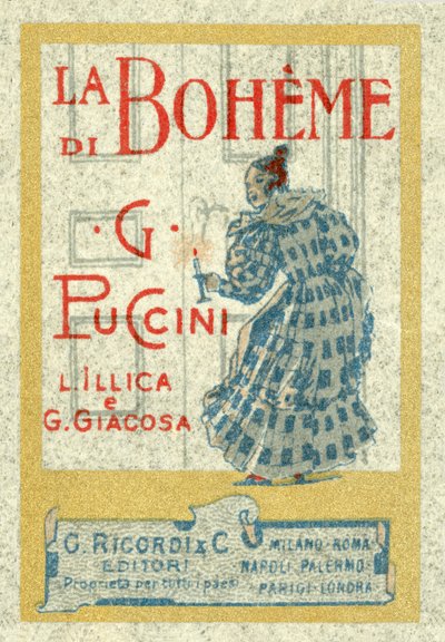 Pubblicità in formato francobollo per La Bohème di Giacomo Puccini, prima esecuzione nel 1896 da Italian School