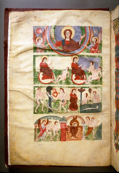 La creazione di Adamo ed Eva, il peccato originale e la loro espulsione dal Paradiso. Frontespizio di un manoscritto dell