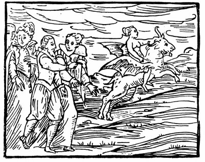 Il Diavolo, in forma di capra volante, che porta una strega al sabba, illustrazione dal Compendium Maleficarum di Francesco Maria Guazzo, 1608 da Italian School