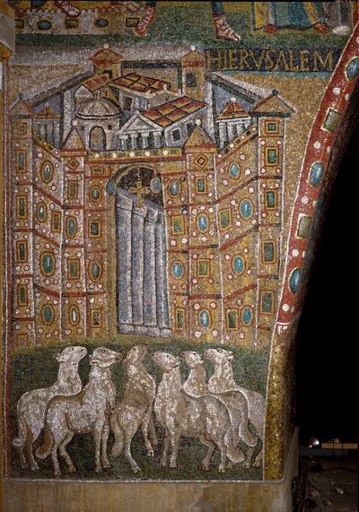 La Porta di Gerusalemme con agnelli che simboleggiano gli Apostoli da Italian School
